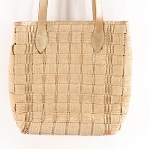 Vtg LJS Collection Handbag Metallic Cream Tan Leather Braided Double Straps